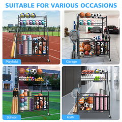 Garage Sports Equipment Organizer, Large Capacity Ball Storage Rack, Rolling Ball Cart with Wheels for Indoor & Outdoor