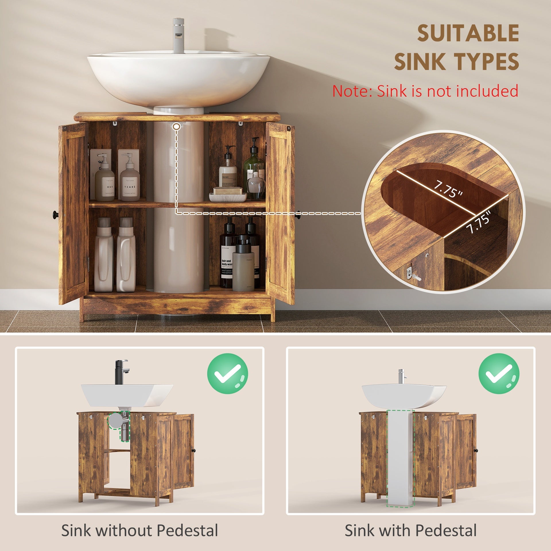 Bathroom Vanity Cabinet, Under Sink Bathroom Cabinet with 2 Doors and Adjustable Shelf, Rustic Brown (Without bathroom basin)