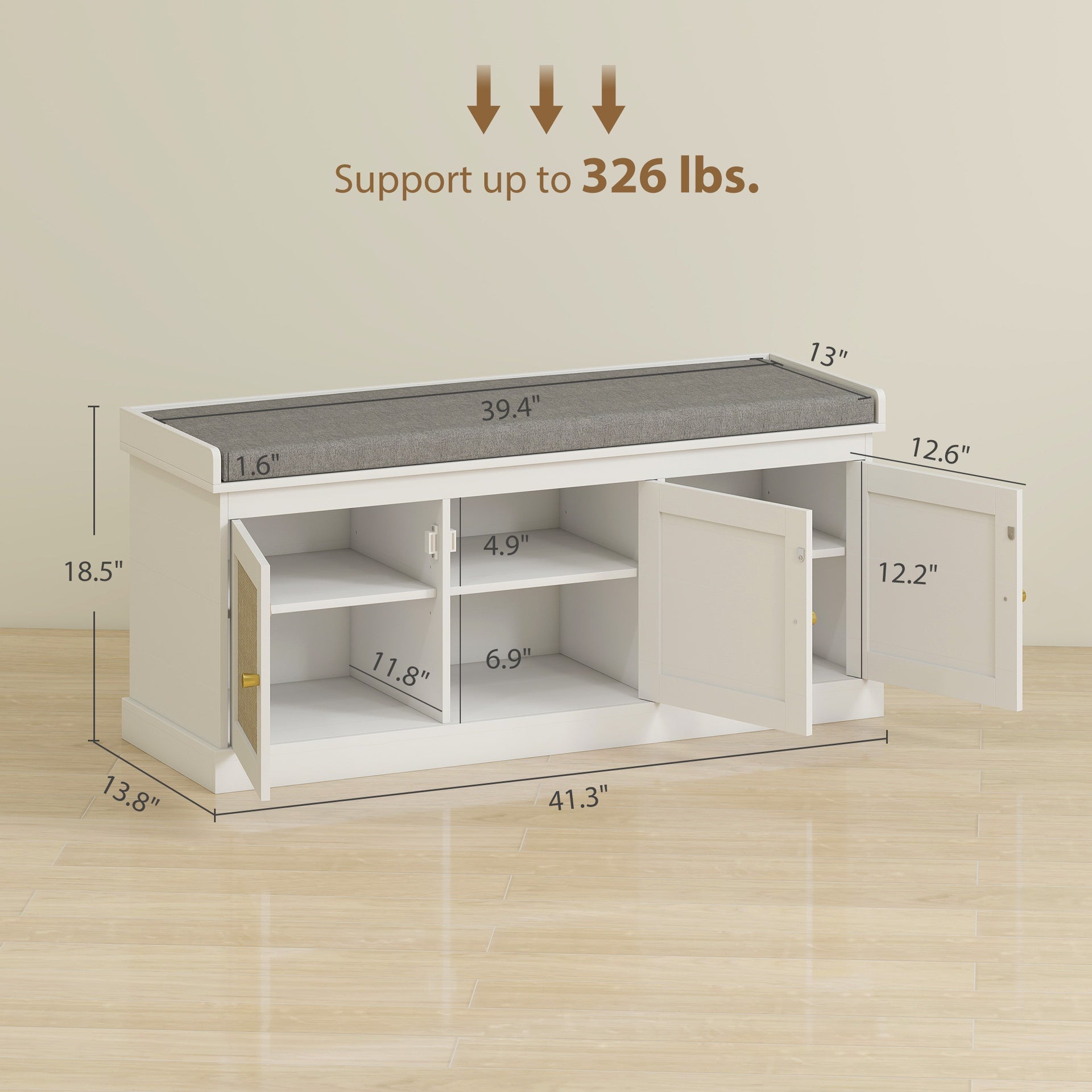 Shoe Storage Bench with Woven Rattan Doors, Shoe Bench with Cushion