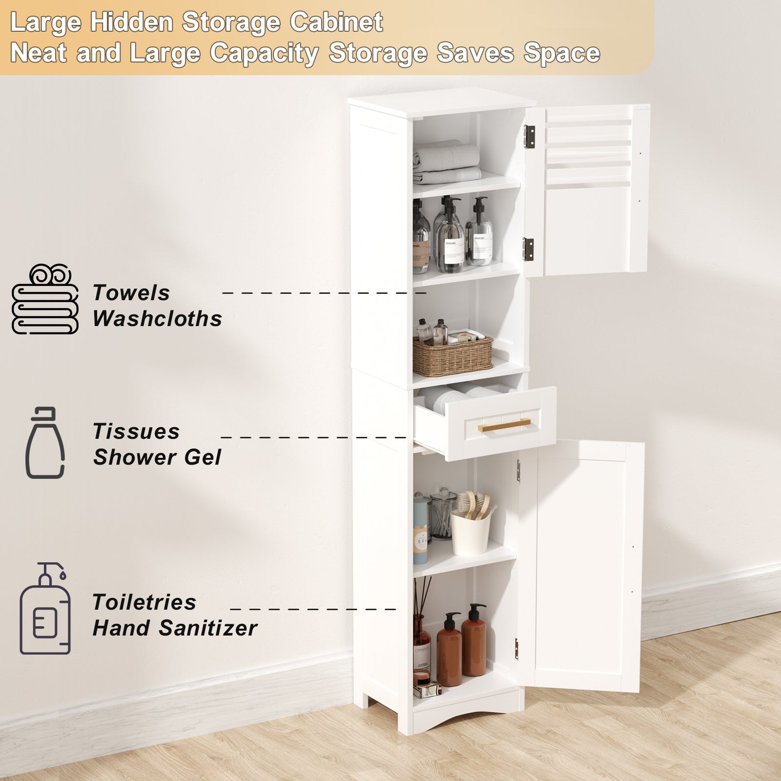 Tall Bathroom Floor Storage Cabinet,Narrow Slim Freestanding Cabinet with 1 Drawer and 2 Doors Storage Cabinet with 5 Adjustable Height Shelf, 15 x 12 x 67Inches, White