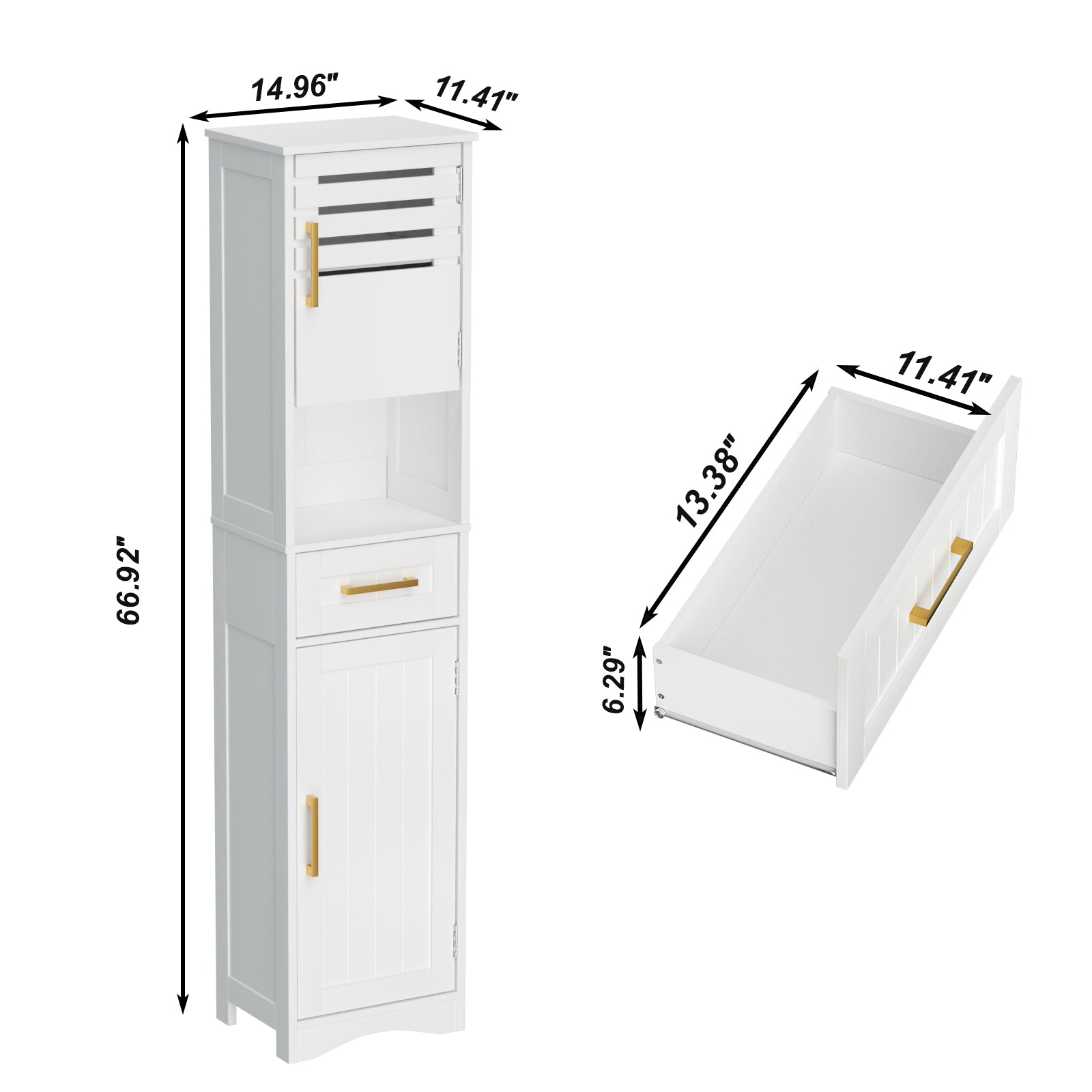 Tall Bathroom Floor Storage Cabinet,Narrow Slim Freestanding Cabinet with 1 Drawer and 2 Doors Storage Cabinet with 5 Adjustable Height Shelf, 15 x 12 x 67Inches, White