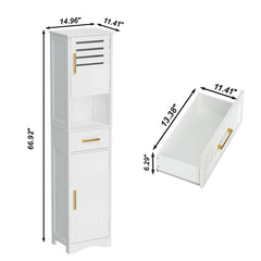 Tall Bathroom Floor Storage Cabinet,Narrow Slim Freestanding Cabinet with 1 Drawer and 2 Doors Storage Cabinet with 5 Adjustable Height Shelf, 15 x 12 x 67Inches, White