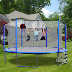 16FT Trampoline with Basketball Hoop pump and Ladder(Inner Safety Enclosure) with soccer goal blue