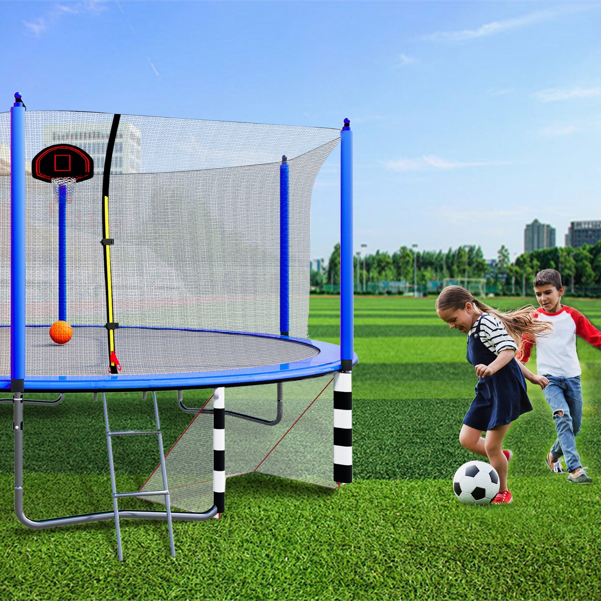 16FT Trampoline with Basketball Hoop pump and Ladder(Inner Safety Enclosure) with soccer goal blue