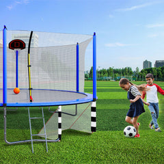 16FT Trampoline with Basketball Hoop pump and Ladder(Inner Safety Enclosure) with soccer goal blue