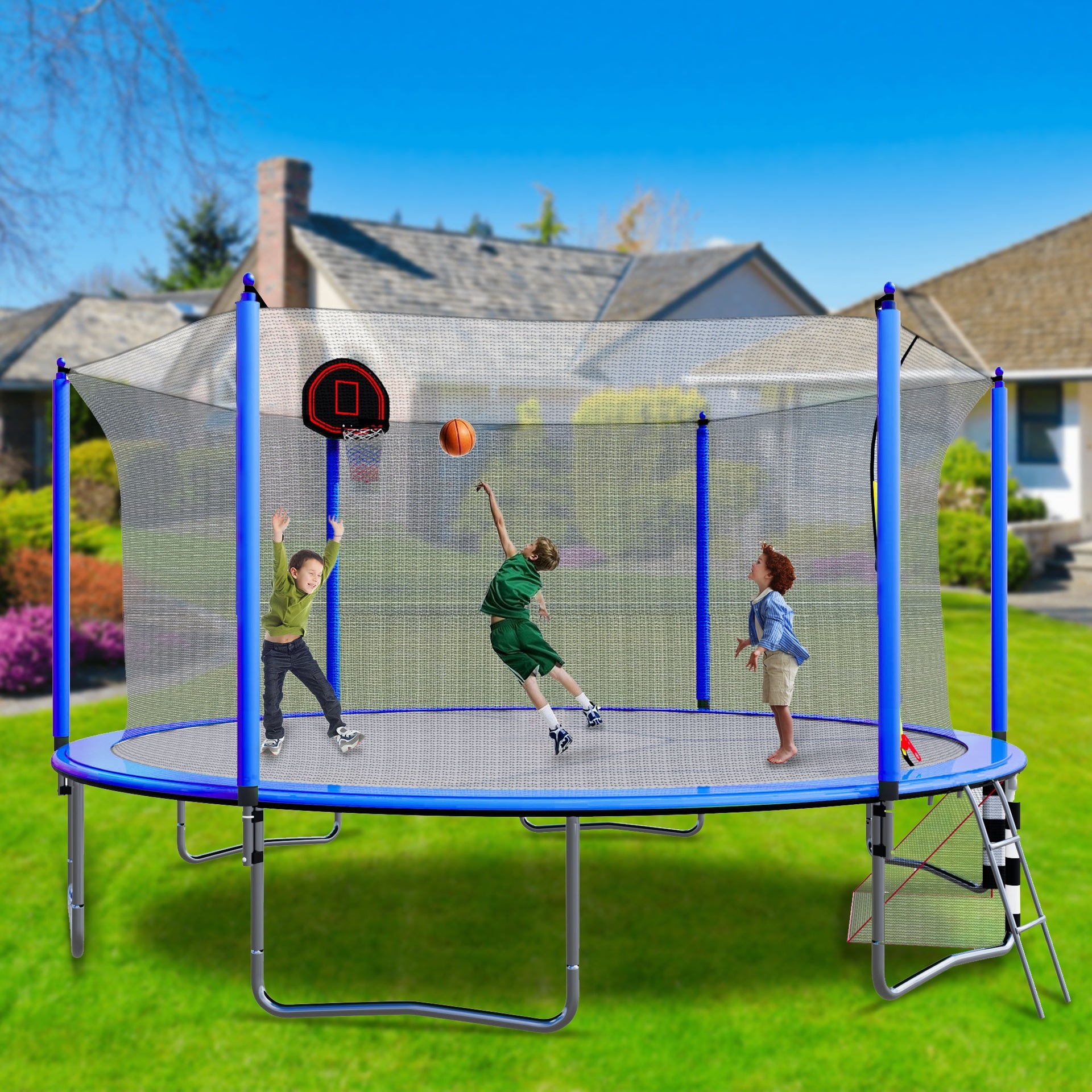 16FT Trampoline with Basketball Hoop pump and Ladder(Inner Safety Enclosure) with soccer goal blue