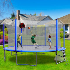 16FT Trampoline with Basketball Hoop pump and Ladder(Inner Safety Enclosure) with soccer goal blue