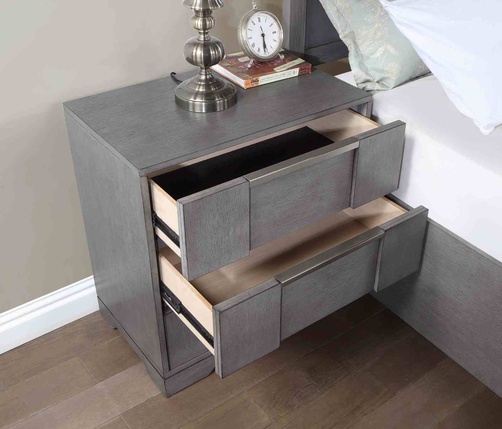 Contemporary Style 1pc Nightstand Nickel Finger Pulls Dovetail Drawers Ball Bearing Glide Gray Finish Bedroom Furniture