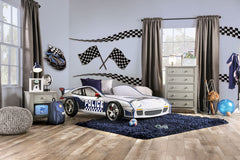 Modern Novelty Style Twin Bed Police Car Design With High gloss Design LED Lights On Wheels And Headlights Included Slat Kit Metal Structure Painted Edges Blue And White Finish