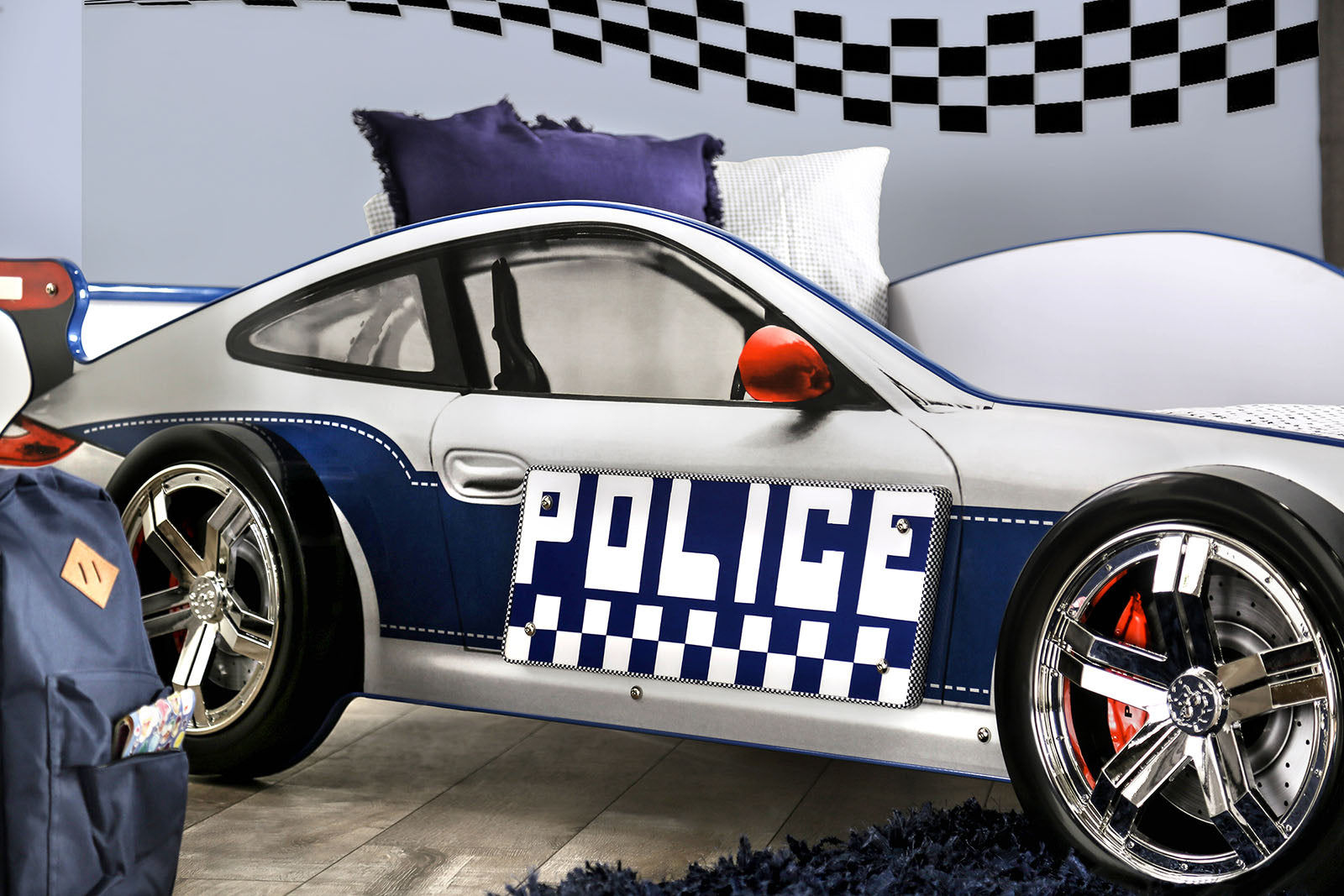 Modern Novelty Style Twin Bed Police Car Design With High gloss Design LED Lights On Wheels And Headlights Included Slat Kit Metal Structure Painted Edges Blue And White Finish