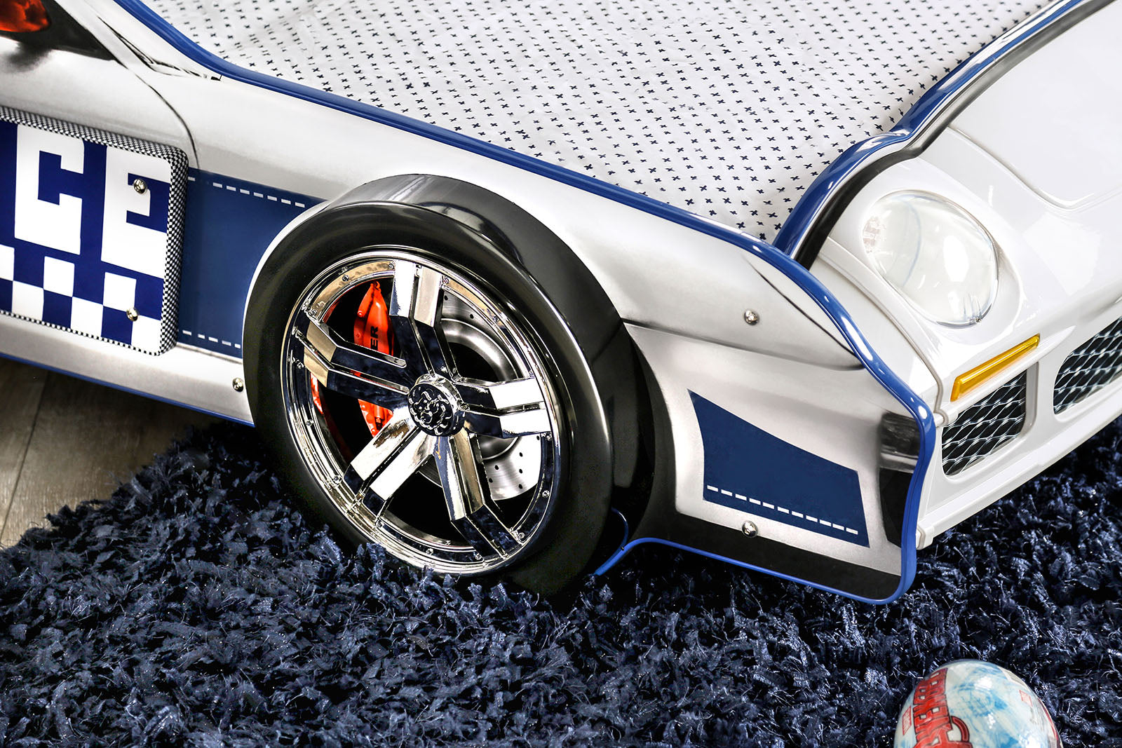 Modern Novelty Style Twin Bed Police Car Design With High gloss Design LED Lights On Wheels And Headlights Included Slat Kit Metal Structure Painted Edges Blue And White Finish