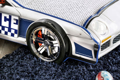 Modern Novelty Style Twin Bed Police Car Design With High gloss Design LED Lights On Wheels And Headlights Included Slat Kit Metal Structure Painted Edges Blue And White Finish