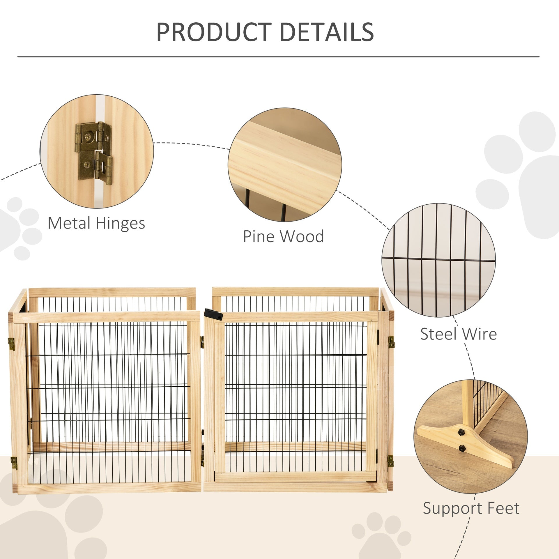 PawHut Wooden Dog Gate, 170" Freestanding Pet Gate, 6-Panel Foldable Dog Safety Barrier with 2 Support Feet for House Doorway Stairs, Small and Medium Dogs, Natural Wood
