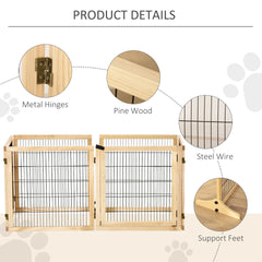 PawHut Wooden Dog Gate, 170" Freestanding Pet Gate, 6-Panel Foldable Dog Safety Barrier with 2 Support Feet for House Doorway Stairs, Small and Medium Dogs, Natural Wood
