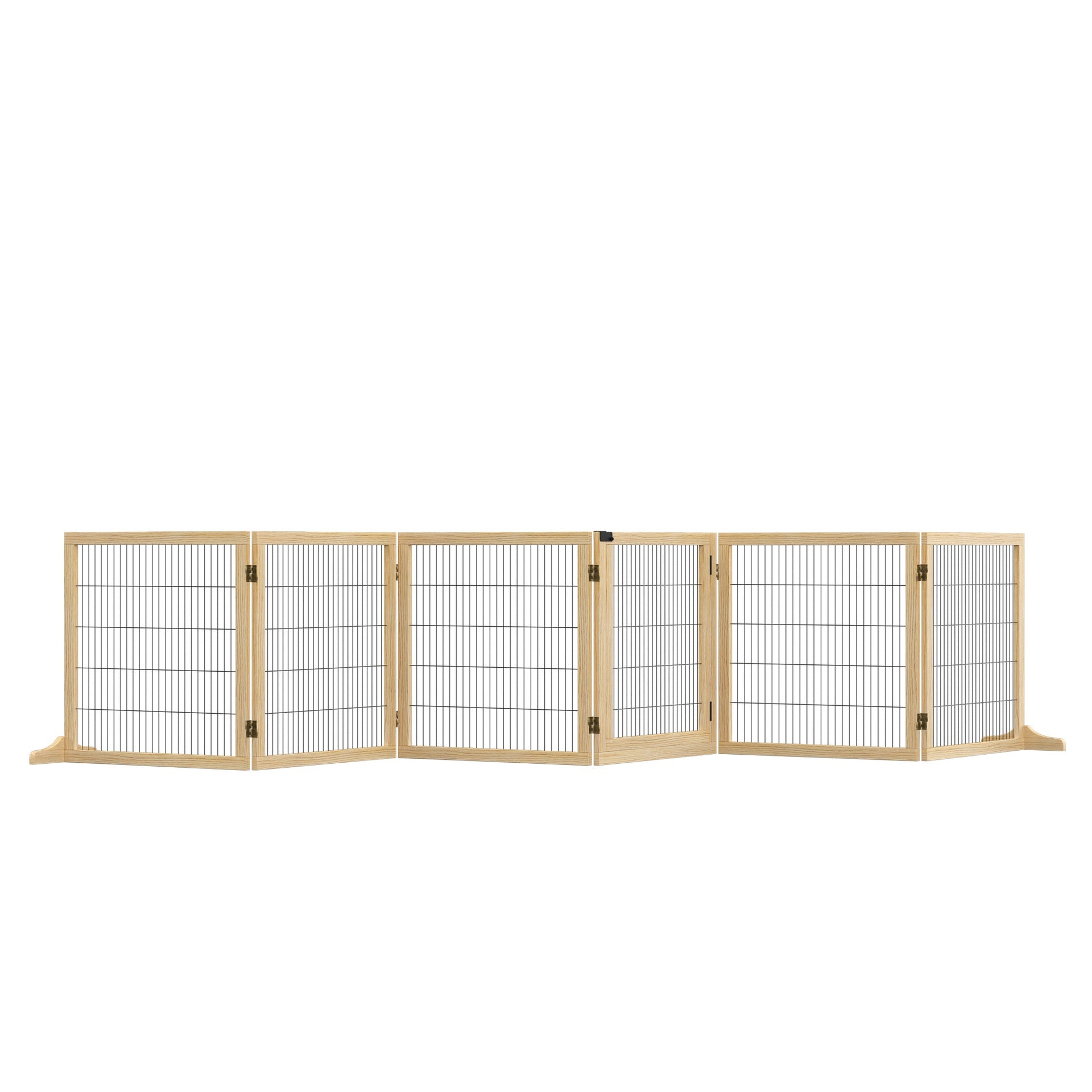 PawHut Wooden Dog Gate, 170" Freestanding Pet Gate, 6-Panel Foldable Dog Safety Barrier with 2 Support Feet for House Doorway Stairs, Small and Medium Dogs, Natural Wood