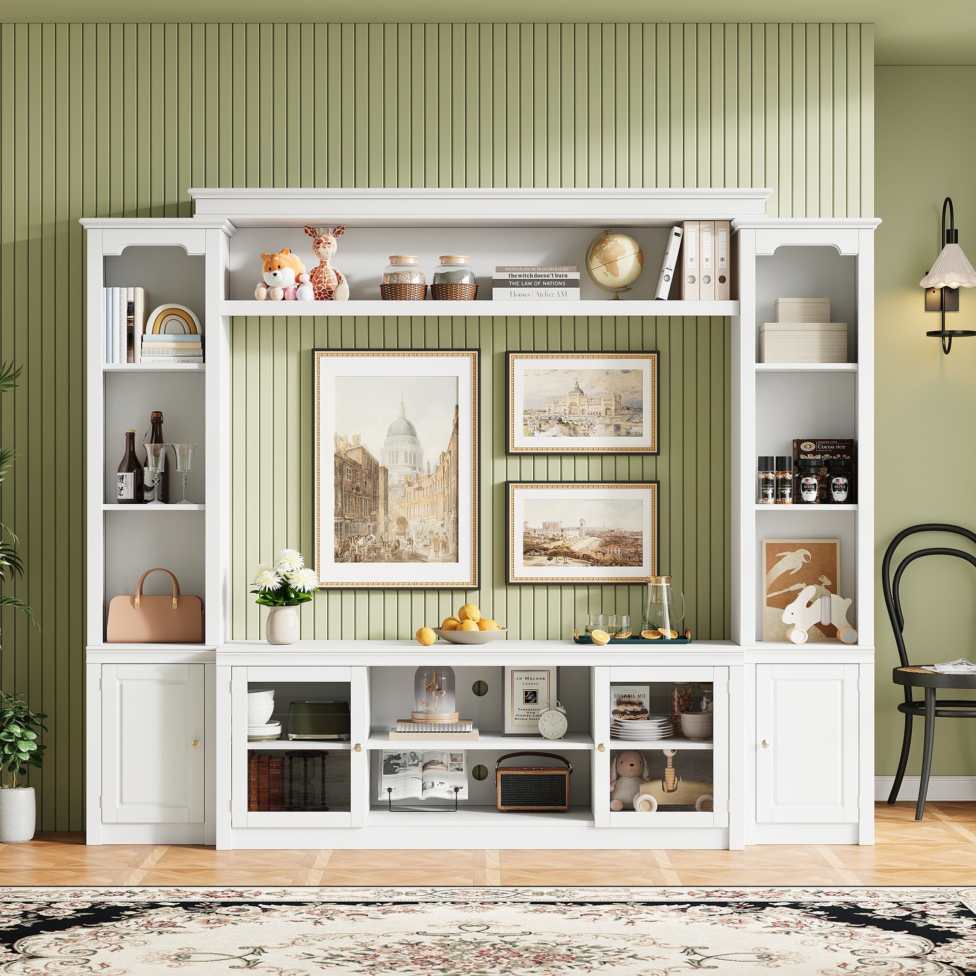 All-in-One Modern TV Stand with Bookcase for TVs Up to 65-inch, Entertainment Center with 4 Adjustable Shelves,Tempered Glass Doors, Display Storage Cabinet, Ample Storage Space TV Stand