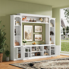 All-in-One Modern TV Stand with Bookcase for TVs Up to 65-inch, Entertainment Center with 4 Adjustable Shelves,Tempered Glass Doors, Display Storage Cabinet, Ample Storage Space TV Stand