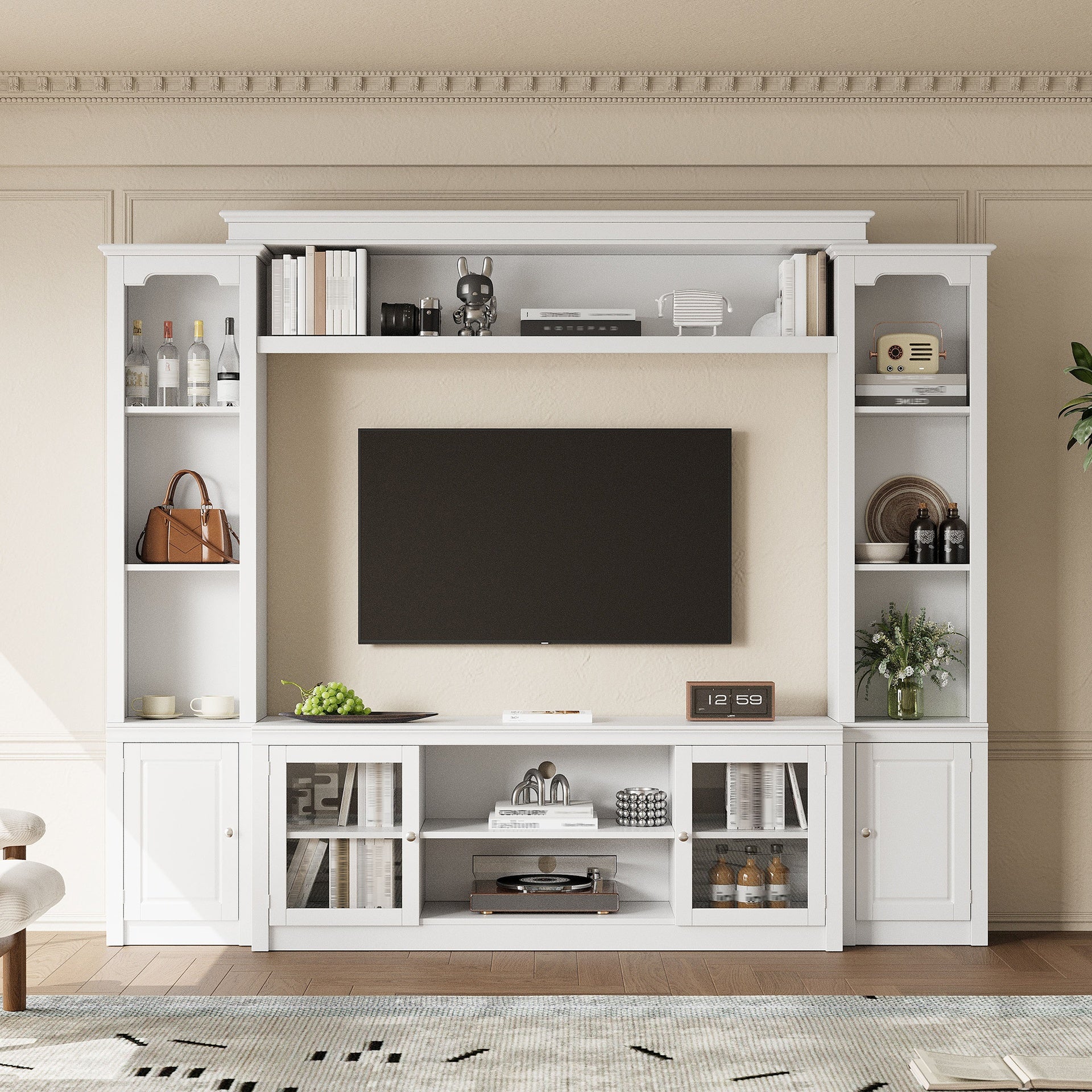 All-in-One Modern TV Stand with Bookcase for TVs Up to 65-inch, Entertainment Center with 4 Adjustable Shelves,Tempered Glass Doors, Display Storage Cabinet, Ample Storage Space TV Stand