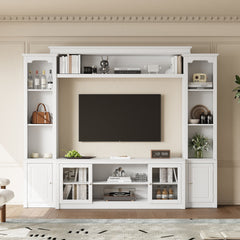 All-in-One Modern TV Stand with Bookcase for TVs Up to 65-inch, Entertainment Center with 4 Adjustable Shelves,Tempered Glass Doors, Display Storage Cabinet, Ample Storage Space TV Stand