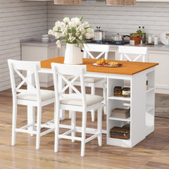 TOPMAX 60"Lx30"W Solid Wood Farmhouse Counter Height Dining Table Set with 3-Tier Storage Shelves, Upholstered Dining Chairs for 4, 5-Piece, White