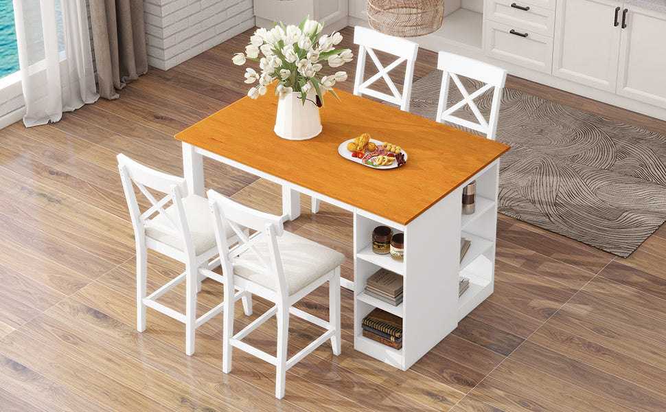 TOPMAX 60"Lx30"W Solid Wood Farmhouse Counter Height Dining Table Set with 3-Tier Storage Shelves, Upholstered Dining Chairs for 4, 5-Piece, White