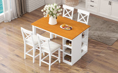 TOPMAX 60"Lx30"W Solid Wood Farmhouse Counter Height Dining Table Set with 3-Tier Storage Shelves, Upholstered Dining Chairs for 4, 5-Piece, White