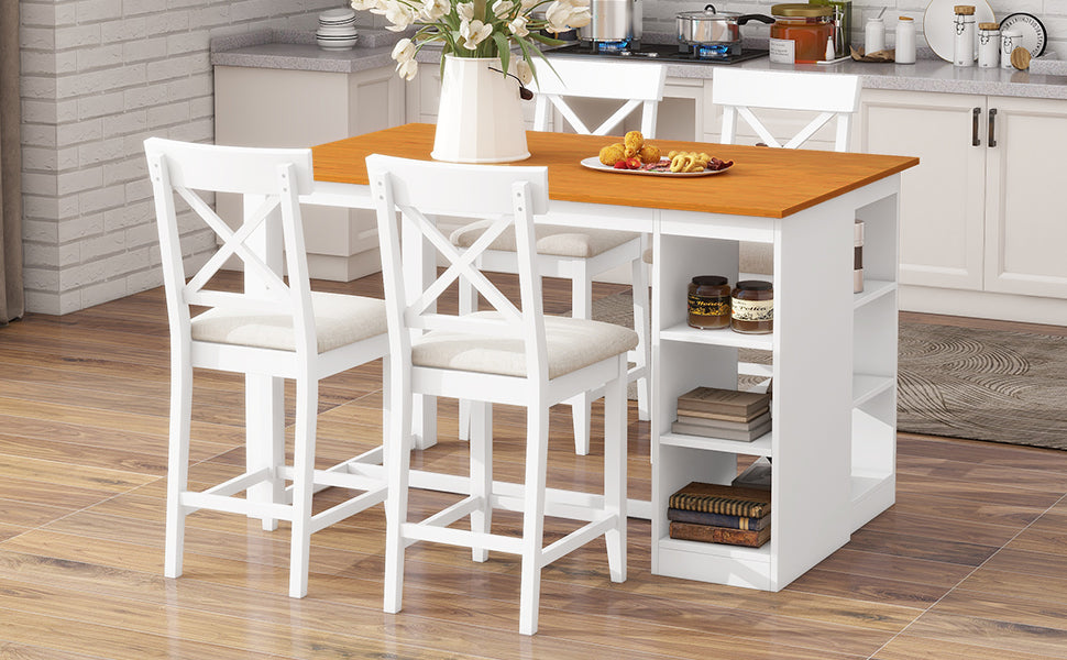 TOPMAX 60"Lx30"W Solid Wood Farmhouse Counter Height Dining Table Set with 3-Tier Storage Shelves, Upholstered Dining Chairs for 4, 5-Piece, White