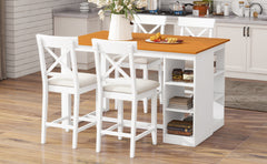 TOPMAX 60"Lx30"W Solid Wood Farmhouse Counter Height Dining Table Set with 3-Tier Storage Shelves, Upholstered Dining Chairs for 4, 5-Piece, White