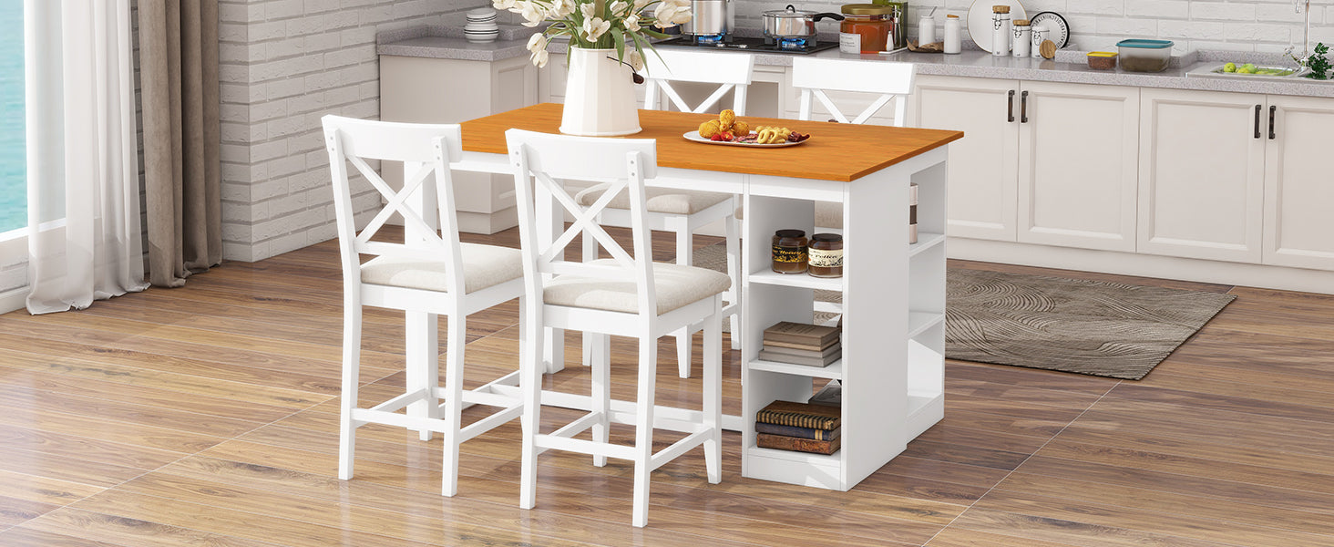 TOPMAX 60"Lx30"W Solid Wood Farmhouse Counter Height Dining Table Set with 3-Tier Storage Shelves, Upholstered Dining Chairs for 4, 5-Piece, White