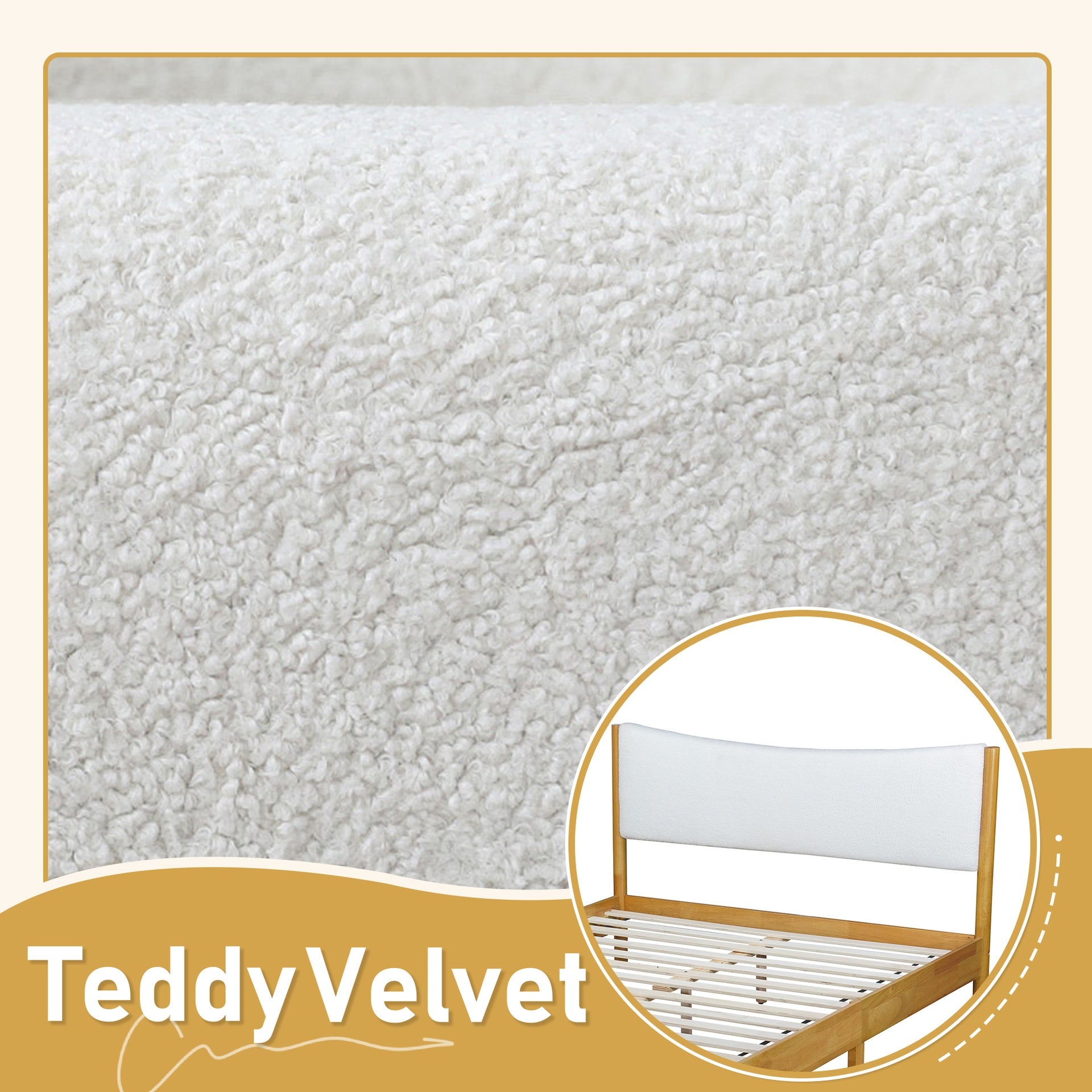 Queen Size, Solid Rubber Wooden Bed with Boucle Upholstered Headboard, Enhanced by Support Feet,Beech White