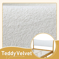 Queen Size, Solid Rubber Wooden Bed with Boucle Upholstered Headboard, Enhanced by Support Feet,Beech White