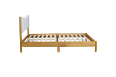 Queen Size, Solid Rubber Wooden Bed with Boucle Upholstered Headboard, Enhanced by Support Feet,Beech White