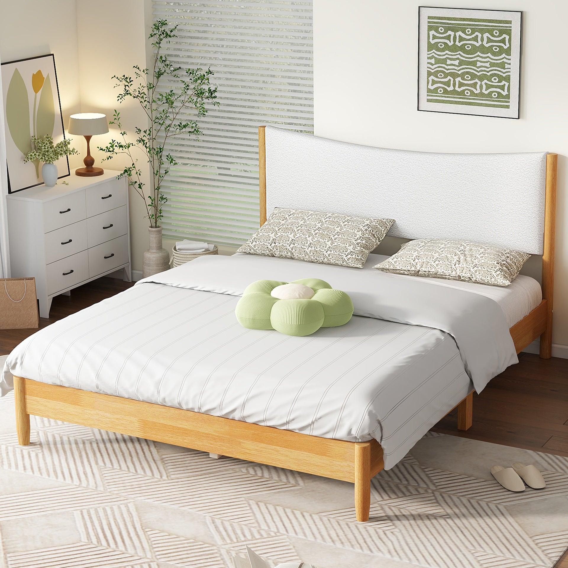 Queen Size, Solid Rubber Wooden Bed with Boucle Upholstered Headboard, Enhanced by Support Feet,Beech White