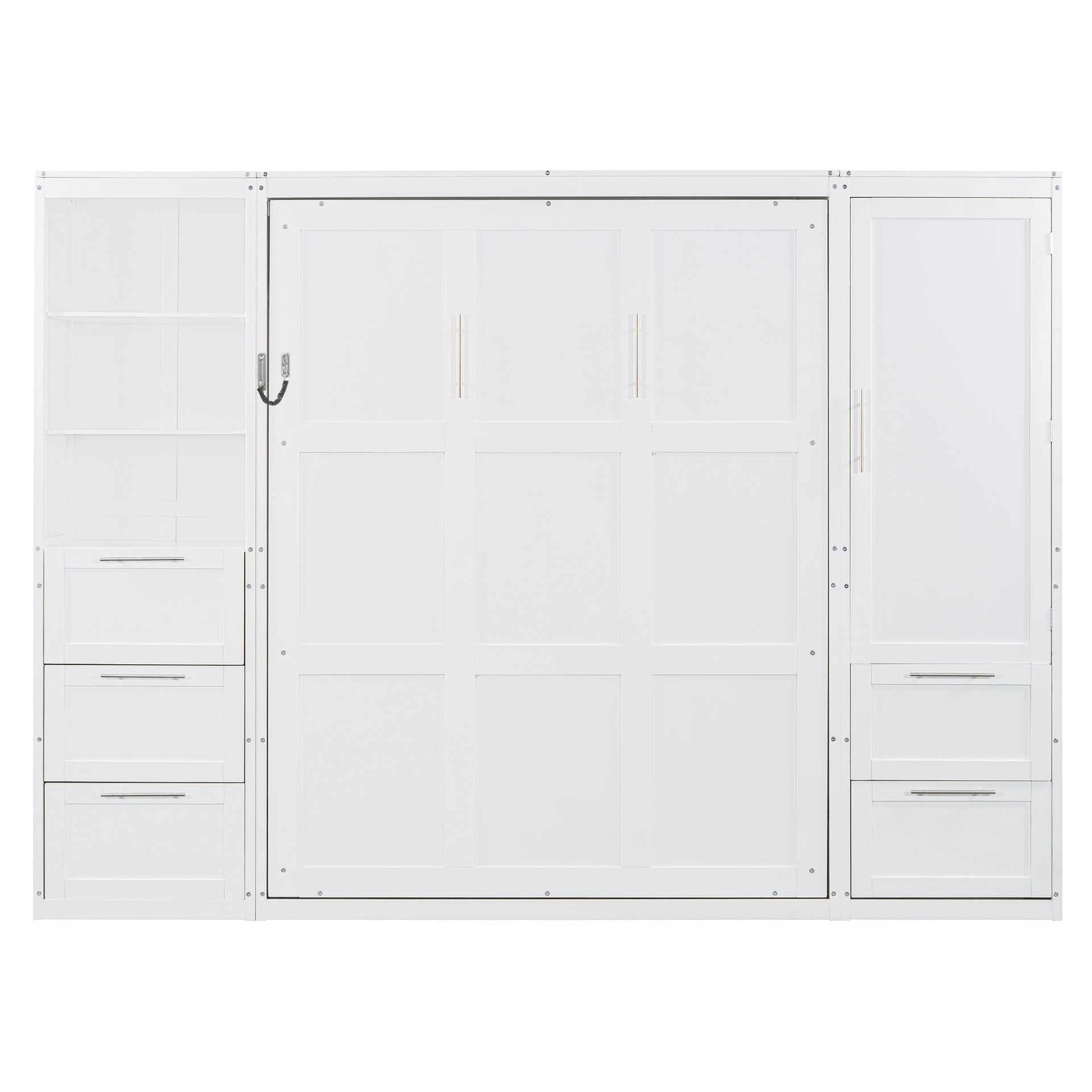 Queen Size Murphy Bed Wall Bed with Closet ,Drawers and Shelves,White