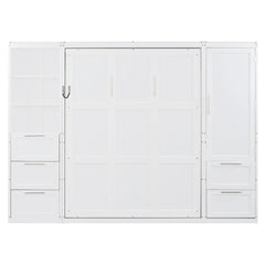 Queen Size Murphy Bed Wall Bed with Closet ,Drawers and Shelves,White