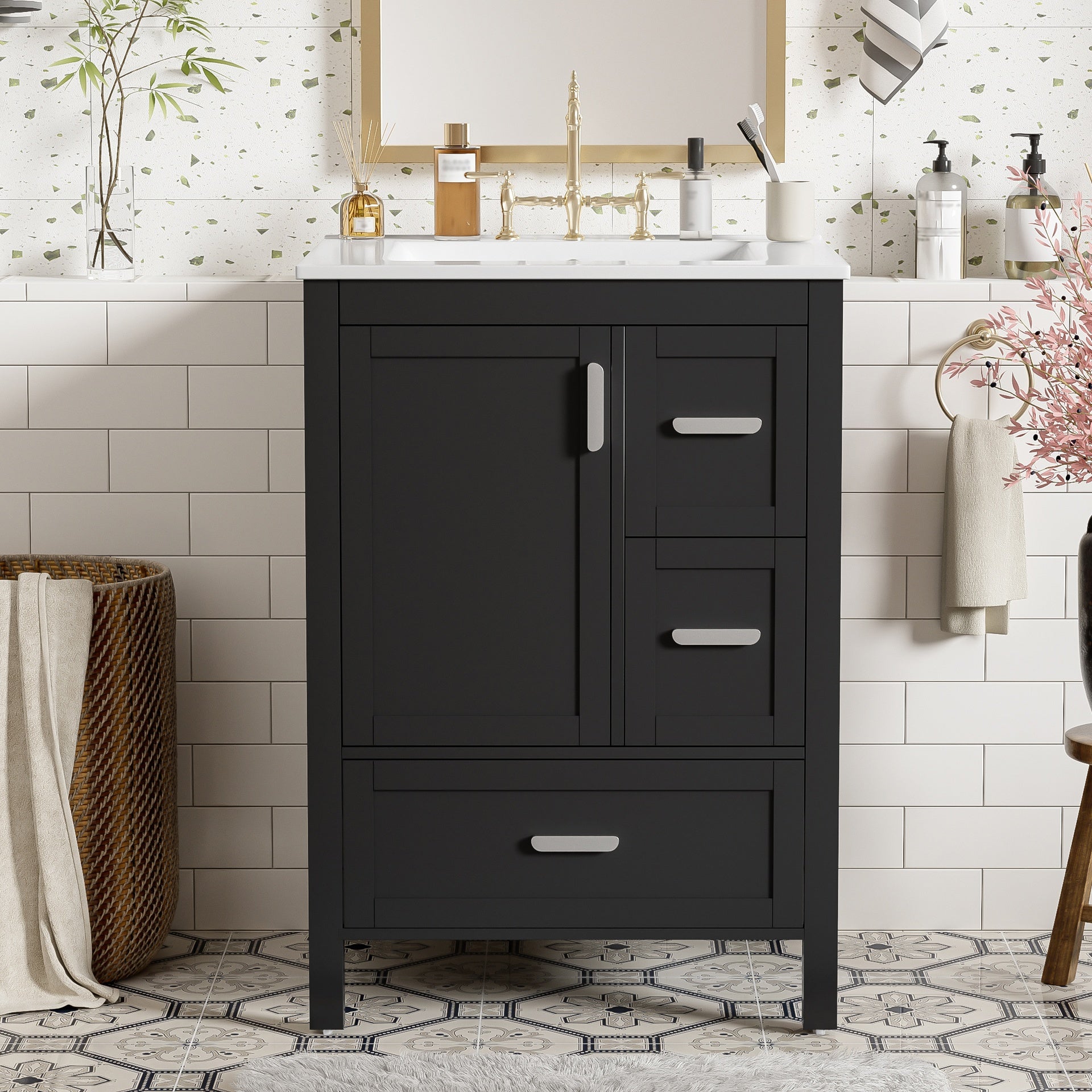 Modern 24-inch Bathroom Vanity with Ceramic Sink, Soft-Close Door, Double-Layer Door Shelf, and 3 Drawers