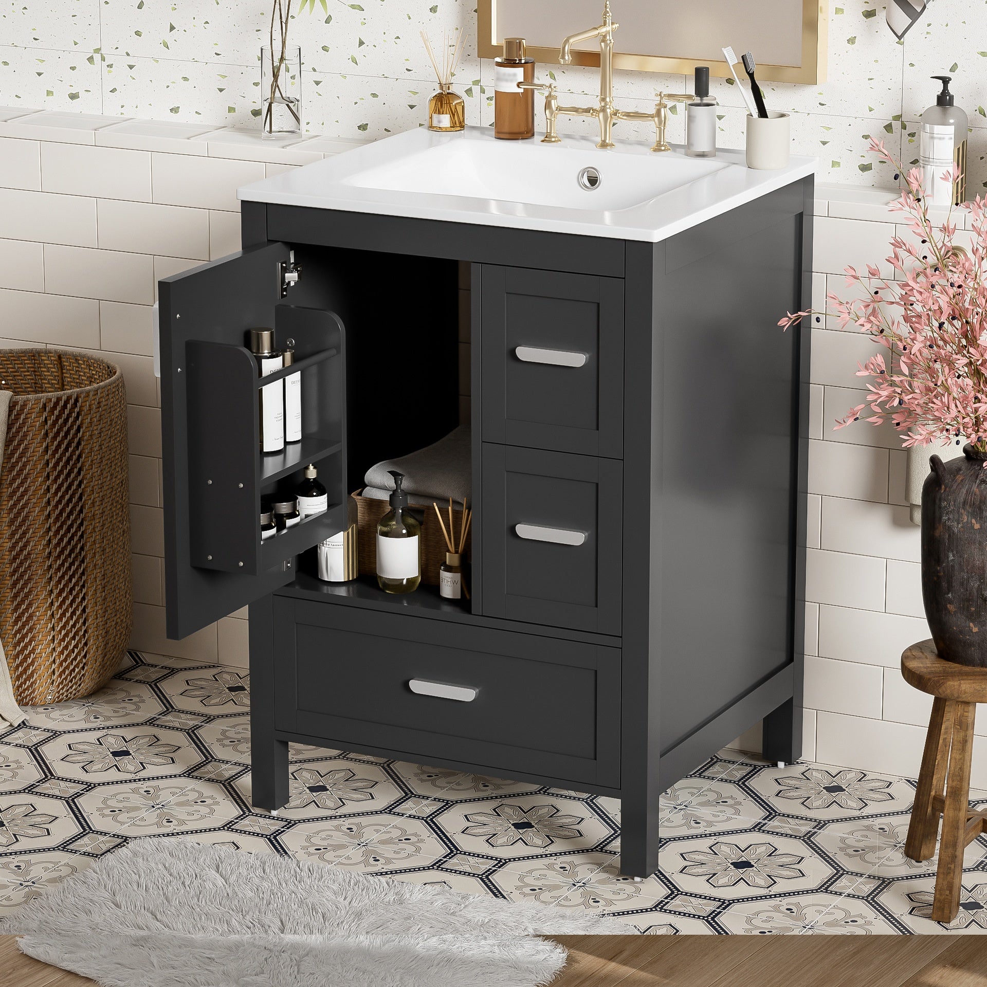 Modern 24-inch Bathroom Vanity with Ceramic Sink, Soft-Close Door, Double-Layer Door Shelf, and 3 Drawers