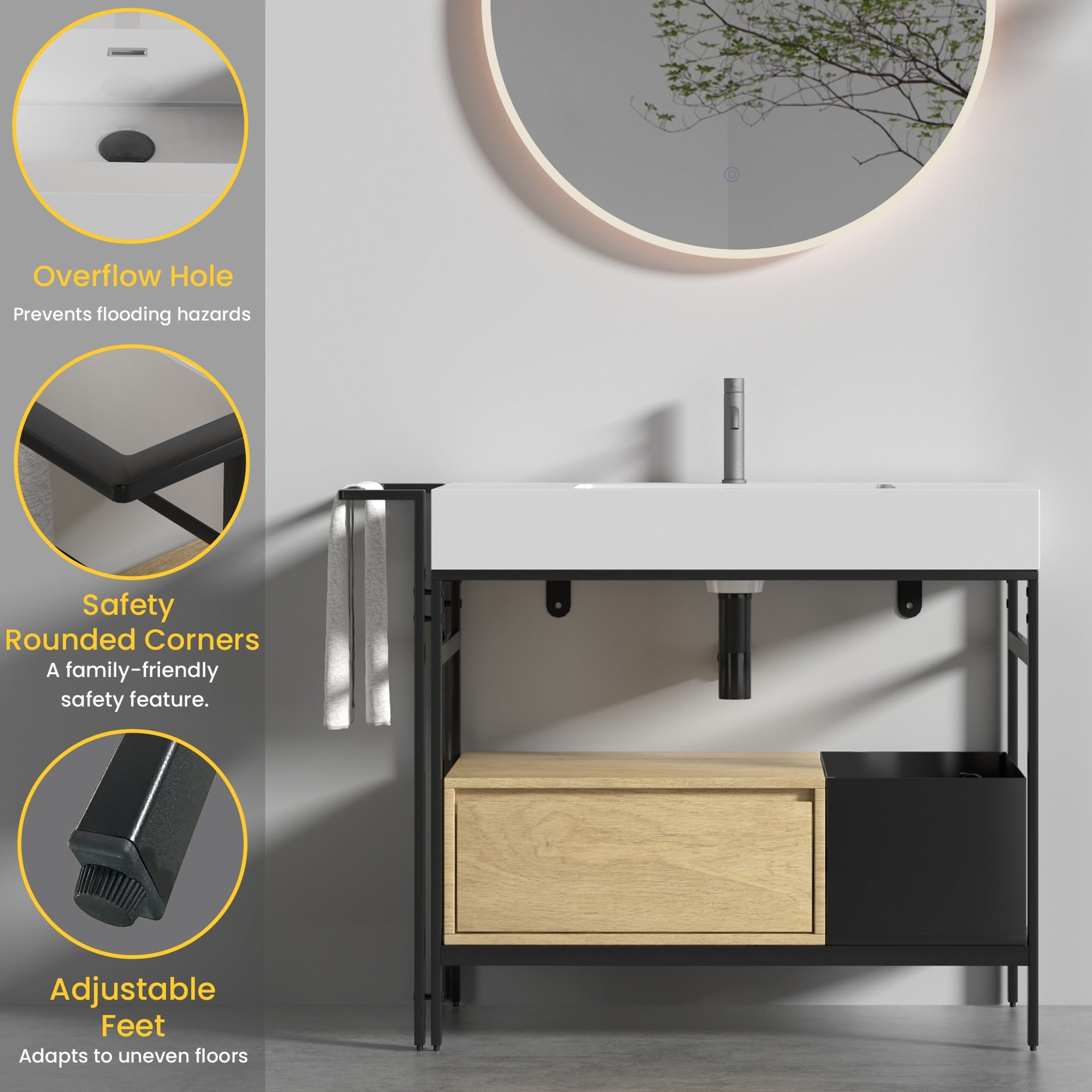 FORTE 36" Industrial Style Modular Bathroom Vanity with a robust metal frame, topped with a seamless, easy-to-clean artificial stone basin, without drainage and faucet, KD