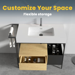 FORTE 36" Industrial Style Modular Bathroom Vanity with a robust metal frame, topped with a seamless, easy-to-clean artificial stone basin, without drainage and faucet, KD