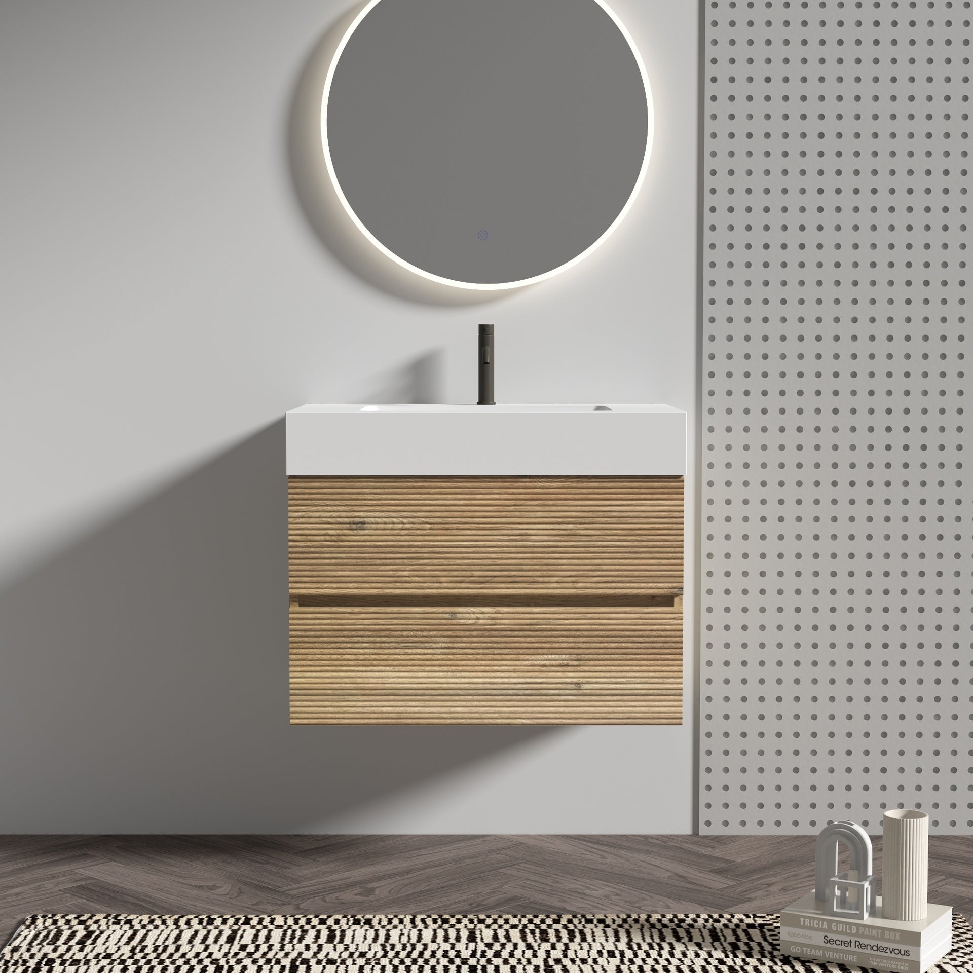 Grace 30   Rough Oak+Rough Oak Bathroom Vanity with White Engineered Quartz Sink and Soft Drawers, Wall Mounted Floating Bathroom Vanity for Modern Bathroom, without drainage and faucet, KD