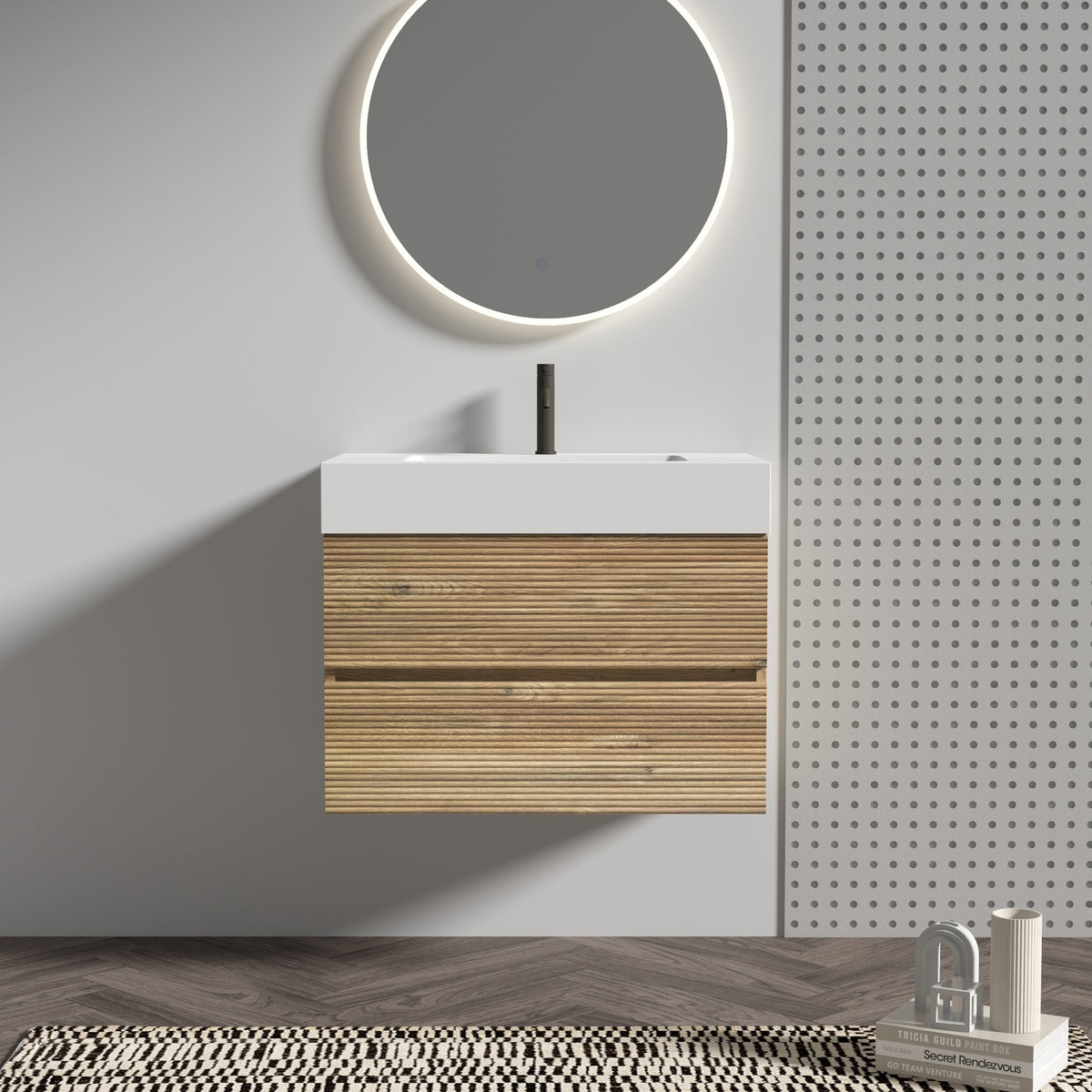 Grace 30   Rough Oak+Rough Oak Bathroom Vanity with White Engineered Quartz Sink and Soft Drawers, Wall Mounted Floating Bathroom Vanity for Modern Bathroom, without drainage and faucet, KD