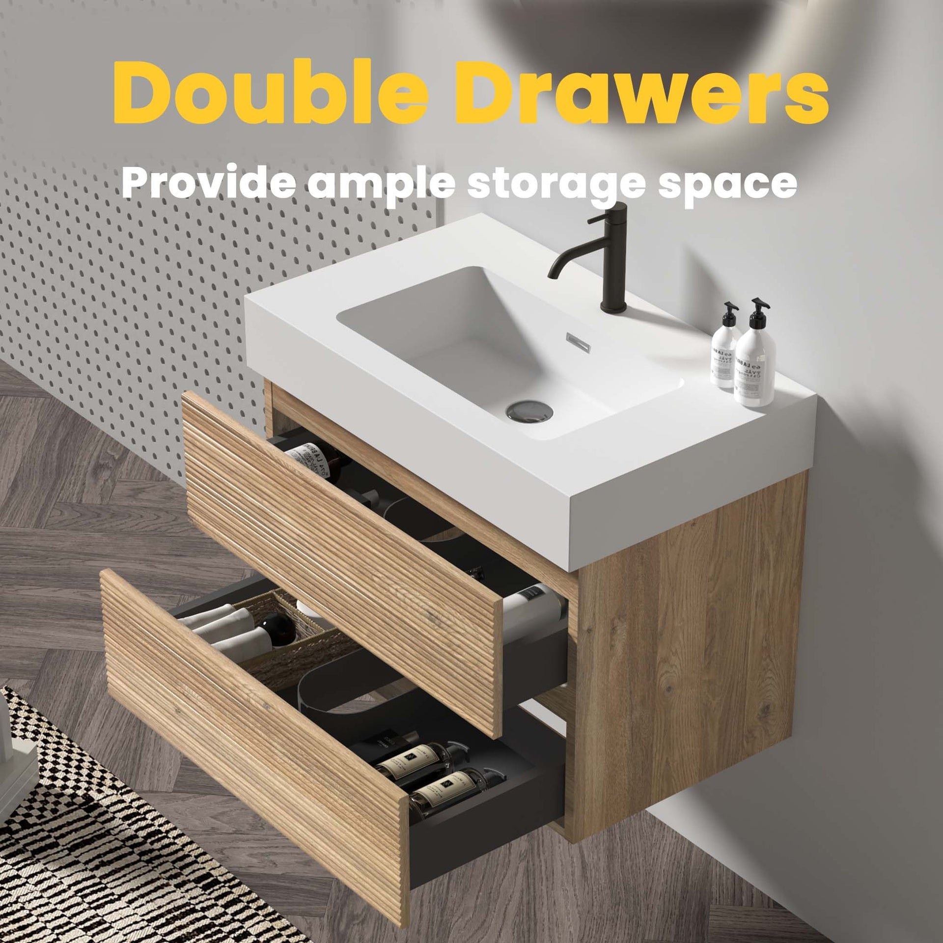 Grace 30   Rough Oak+Rough Oak Bathroom Vanity with White Engineered Quartz Sink and Soft Drawers, Wall Mounted Floating Bathroom Vanity for Modern Bathroom, without drainage and faucet, KD