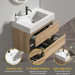 Grace 30   Rough Oak+Rough Oak Bathroom Vanity with White Engineered Quartz Sink and Soft Drawers, Wall Mounted Floating Bathroom Vanity for Modern Bathroom, without drainage and faucet, KD