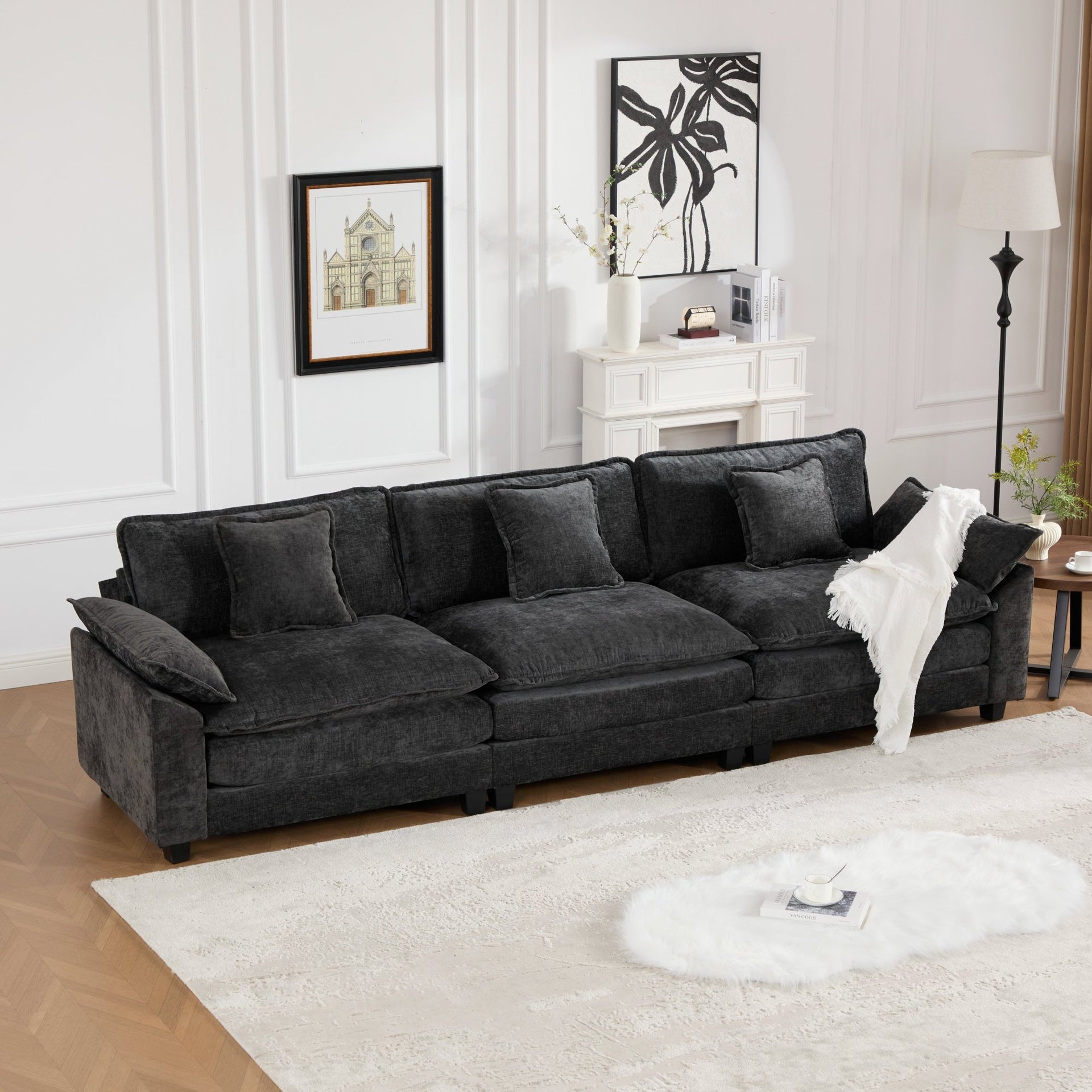 Wider Armrest 3 Seats (Ottoman is not included), Modern Sectional Couch, for Living Room Bedroom and Apartment, Comfy Double Layer Upholstered Seat Cushion, Breathable Chenille Fabric,Black,SW5043BK