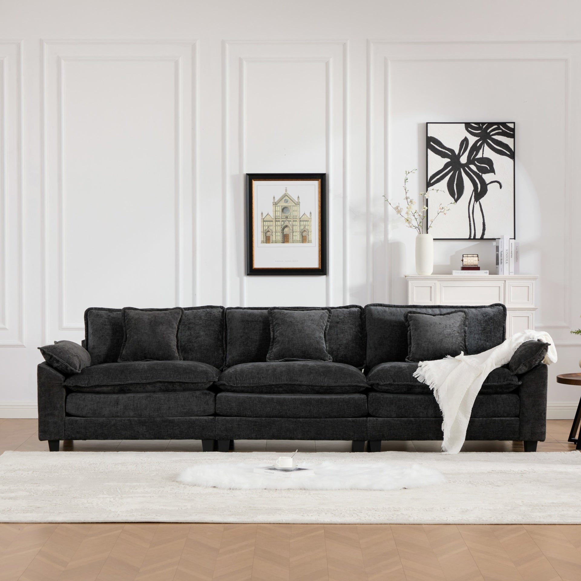 Wider Armrest 3 Seats (Ottoman is not included), Modern Sectional Couch, for Living Room Bedroom and Apartment, Comfy Double Layer Upholstered Seat Cushion, Breathable Chenille Fabric,Black,SW5043BK