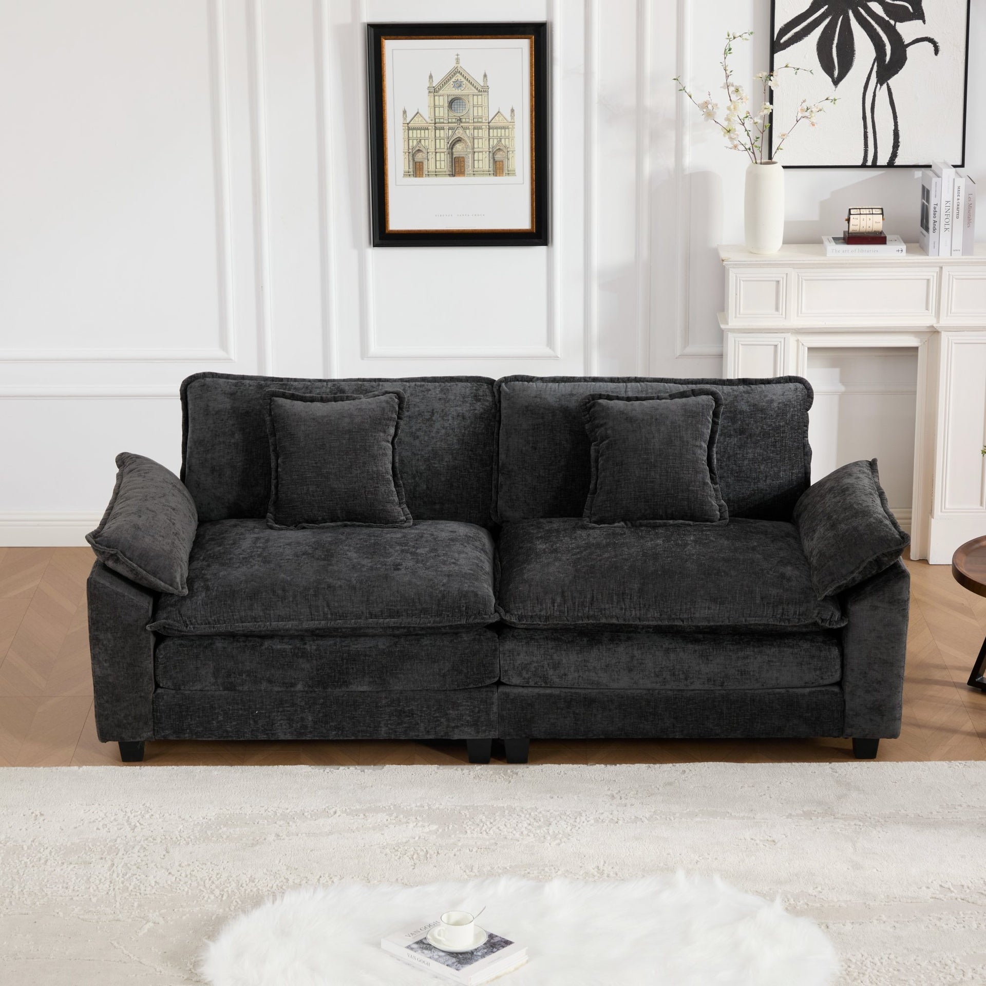 Wider Armrest LoveSeat (Ottoman is not included), Modern Sectional Couch, for Living Room Bedroom and Apartment, Comfy Double Layer Upholstered Seat Cushion, Breathable Chenille Fabric, Black,SW5042BK