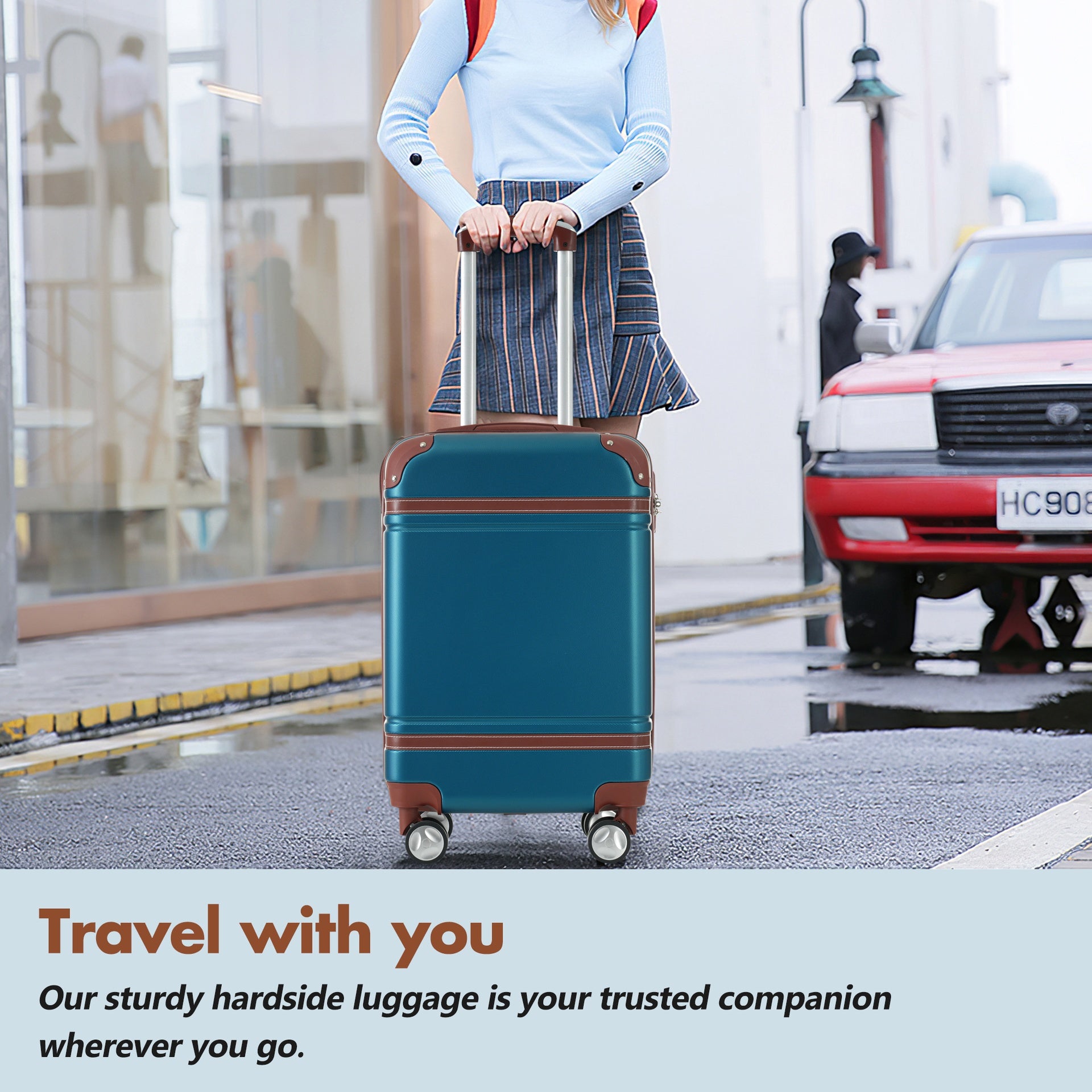 Hardshell Luggage Sets with Bags Lightweight Suitcase Double Spinner Wheels with TSA Lock ,Single Vintage Luggage 24 IN,Blue