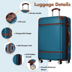 Hardshell Luggage Sets with Bags Lightweight Suitcase Double Spinner Wheels with TSA Lock ,Single Vintage Luggage 24 IN,Blue