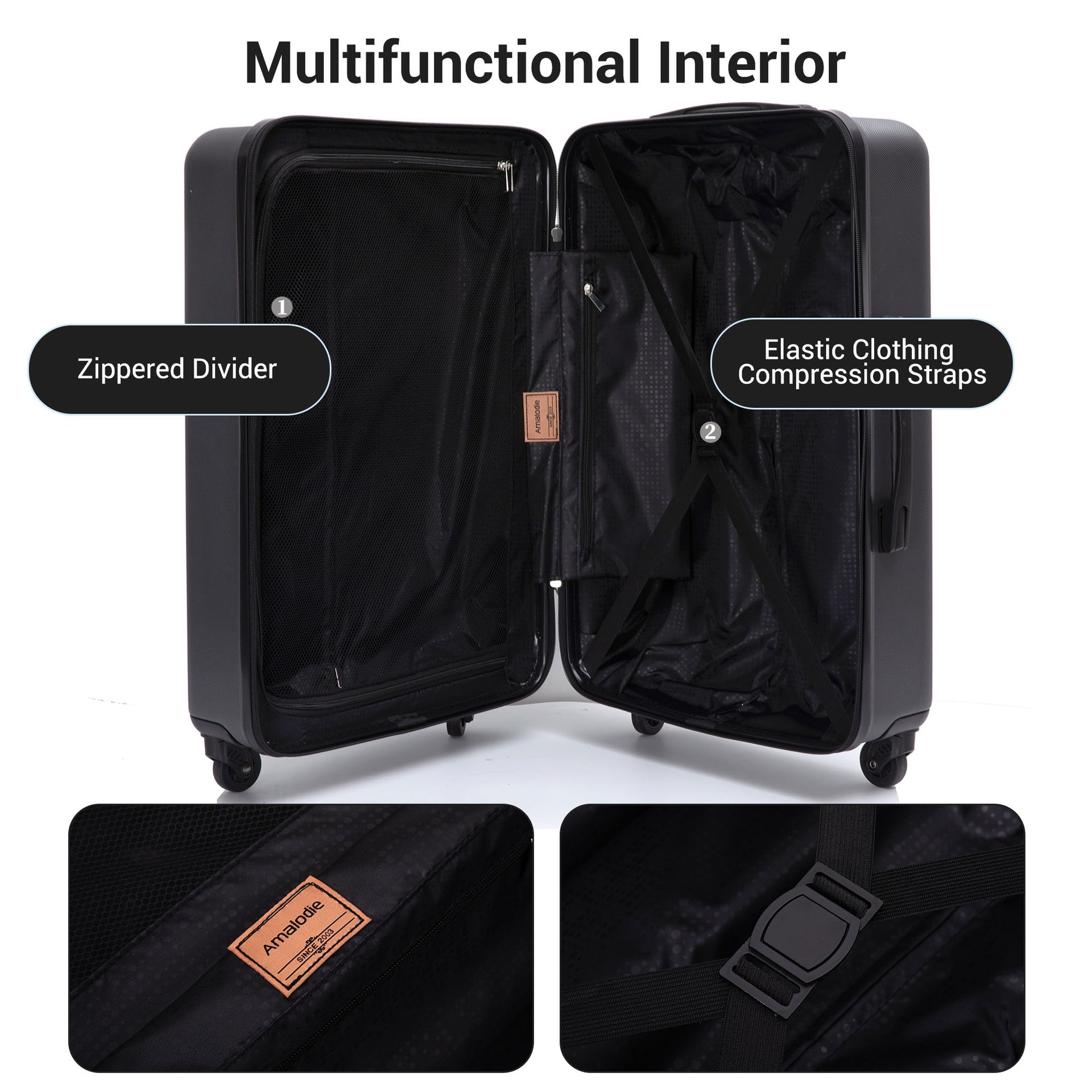 Luggage Set with Spinner Wheels ABS Lightweight Durable Hard Suitcase,8-Piece Set (20"/24"/28"+Gym Tote Bag + 4 Pieces Storage Bag Set ) , DARK GREY