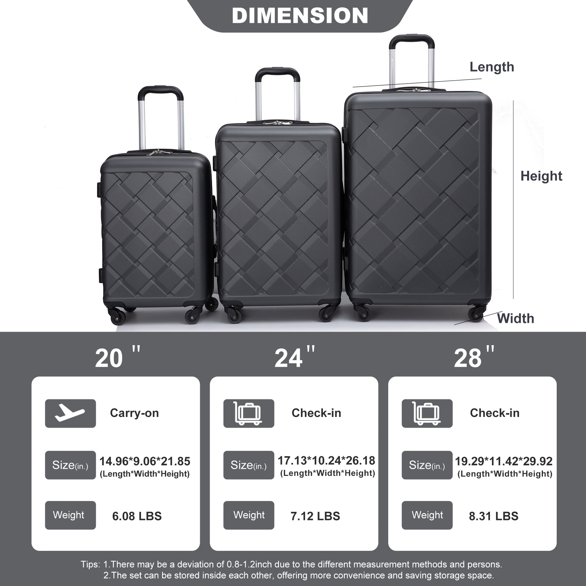 Luggage Set with Spinner Wheels ABS Lightweight Durable Hard Suitcase,8-Piece Set (20"/24"/28"+Gym Tote Bag + 4 Pieces Storage Bag Set ) , DARK GREY